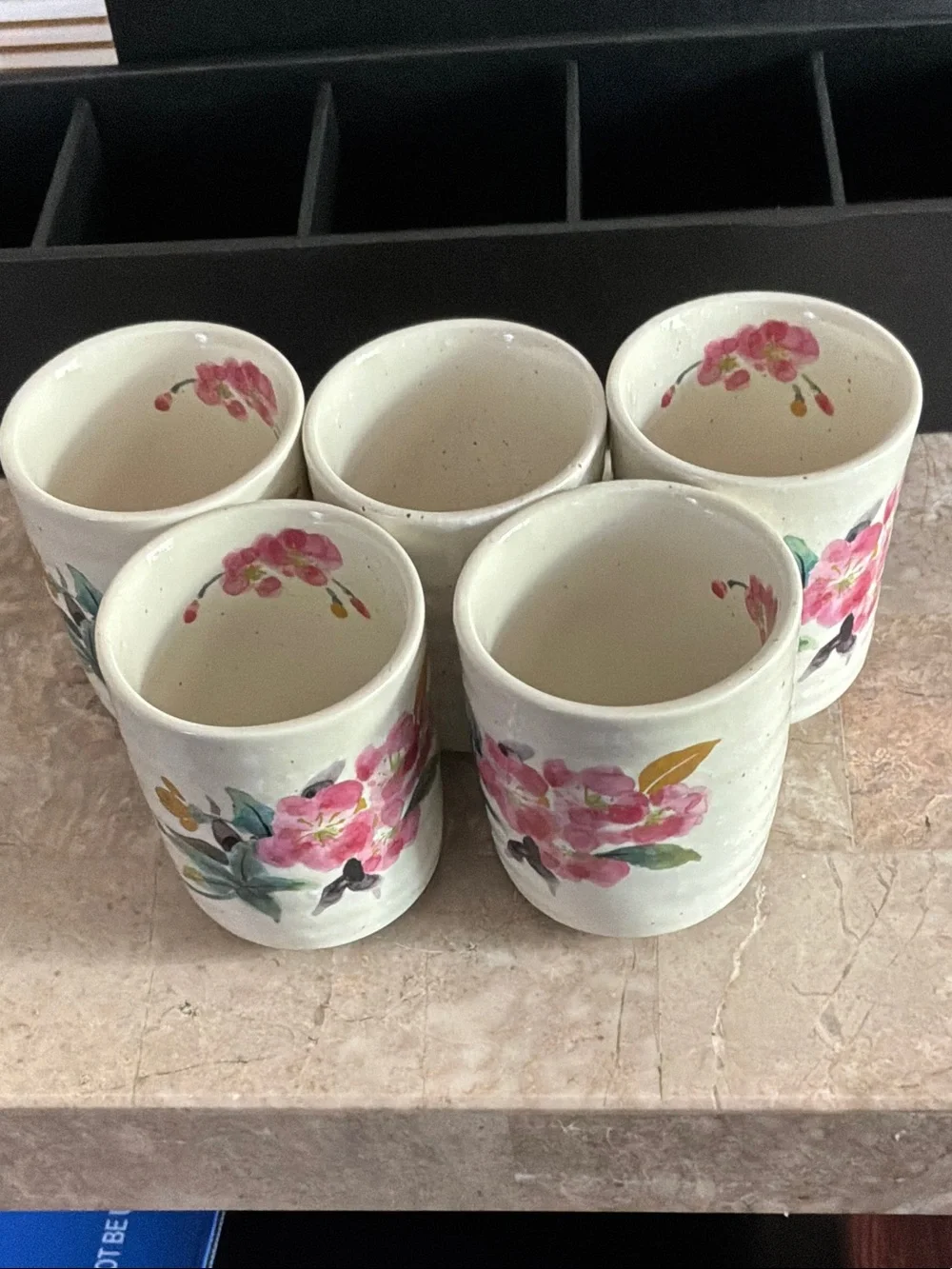 Japanese Hand-Painted Floral Ceramic Tea Cup Set - Pink & Green (Set of 5)